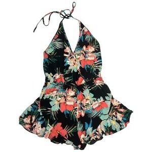 Cotton Candy LA Floral Halter Romper Black Tropical Print Ruffle Womens Small